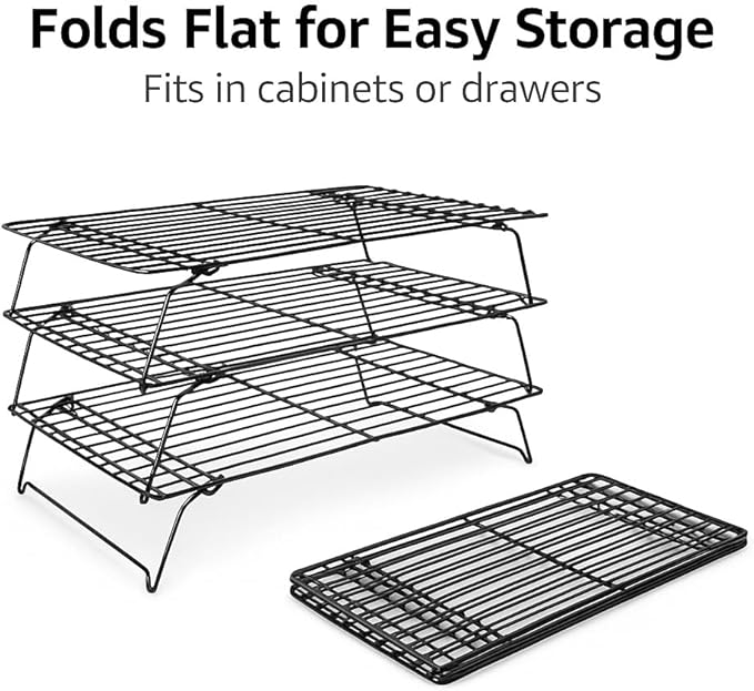 3 Tier Stackable Cooling Rack for Baking – 15.75" x 10" Carbon Steel Wire Cookie Cooling Racks, Multi-Level Stackable Cookie Rack for Cakes, Pastries & Fruit – Collapsible & Dishwasher Safe