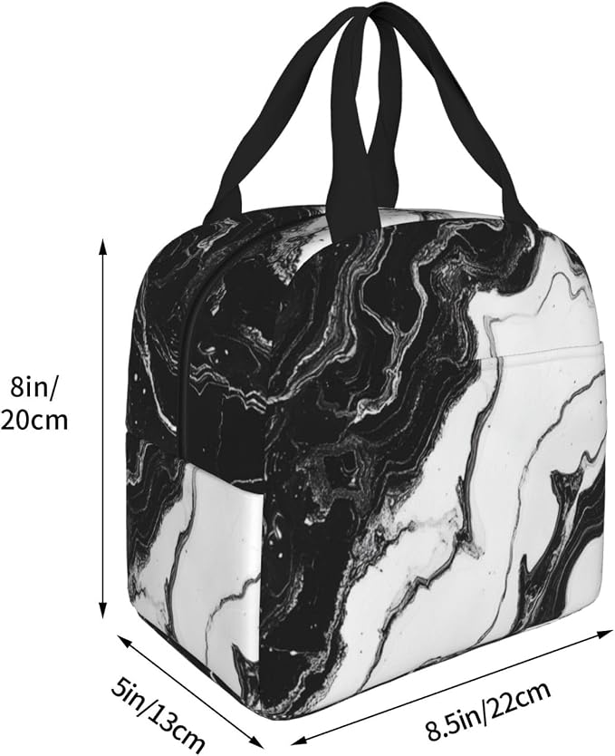 Insulated Lunch Bag Marble Black White Liquid Abstract, Leakproof Lunch Tote for Work School, Reusable Lunch Box Cooler for Adults Students, Compact Lunch Bag for Office College Picnic
