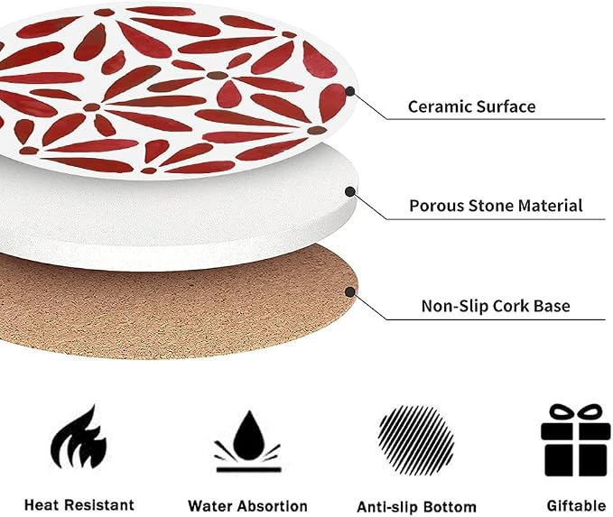 Drink Absorbent Coasters with Holder Set of 6, Ceramic Stone with Cork Base, Modern Red Abstract Geometric Coaster for Drinks, Gift for Housewarming Room Bar Home Decor Kitchen
