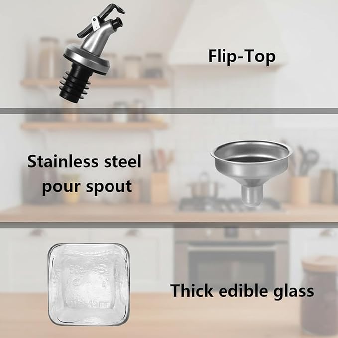 WERTIOO Olive Oil Dispenser Bottle,4Pack 17 OZ Glass Oil Dispenser for Kitchen with 4 Pourer,2 Stainless Steel Funnel & 1 Pen and 8 Label for Kitchen (500ml)