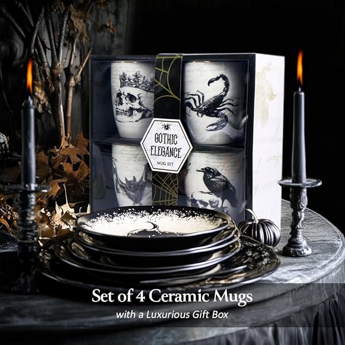 OrnamentallyYou Coffee Mug Holiday Kitchen Drinkware, Multiple Designs Available (Elegant Goth Set of 4 Ceramic Mugs)