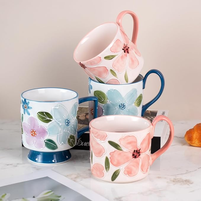 KAMMAK Ceramic Blue Coffee Mug, 15oz Large Mugs Set of 2, Novelty Cup for Tea, Juice, Milk, Cute Porcelain Water Cups with Handle for Women, Dishwasher and Microwave Safe