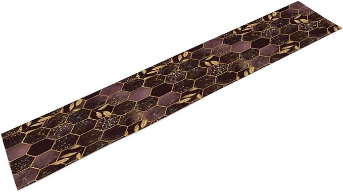 Marble Table Runner, Burgundy Red and Gold Abstract Geometry Hexagon Modern Luxury Texture Printed Linen Table Runners for Living Room Kitchen Dining Room Party Holiday Decor 13" W x 36" L