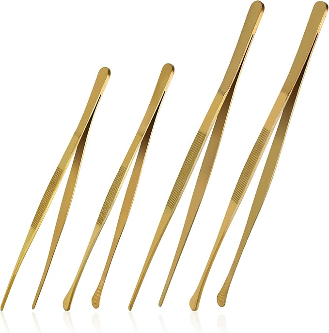 12 Inch & 10 Inch Fine Long Tweezers Tongs Stainless Steel, Gold Professional Kitchen Tweezers Tongs for Cooking, BBQ, Plating, Repairing (Pack of 4)