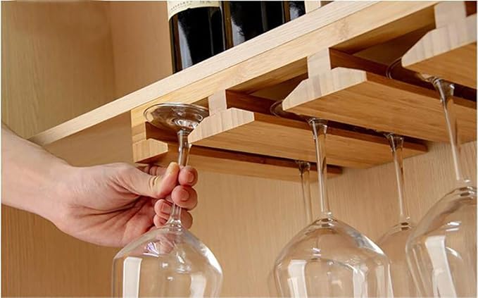 RIIPOO Wine Glass Rack Hangers Under Cabinet, Bamboo Wine Glasses Holders Under Shelf, Under Counter Wine Glass Holder for Home Kitchen & Bar Storage