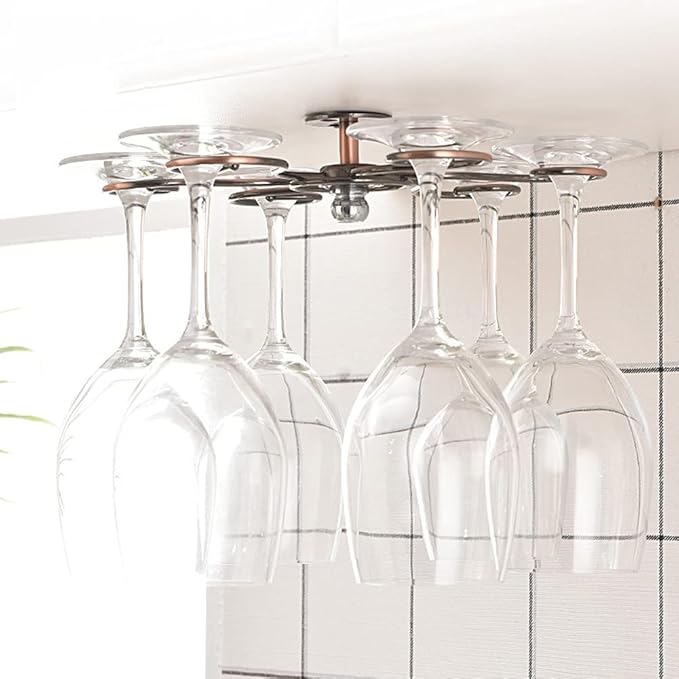 NWB 360° Rotation Hanging Wine Glass Rack,Under Cabinet Stemware Rack,Metal Glass Hanger Drying Rack with 6 Hooks for Home and Bar Storage