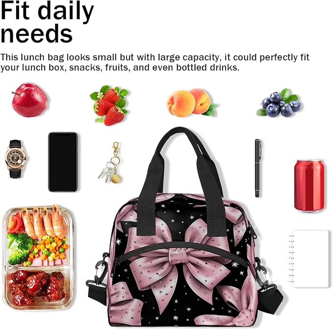 Pink Bow Pattern Insulated Lunch Bag for Women Men Reusable Lunch Box Cooler Bag Large Leakproof Lunch Tote with Adjustable Shoulder Strap for Adult Work Picnic Camping Beach Office