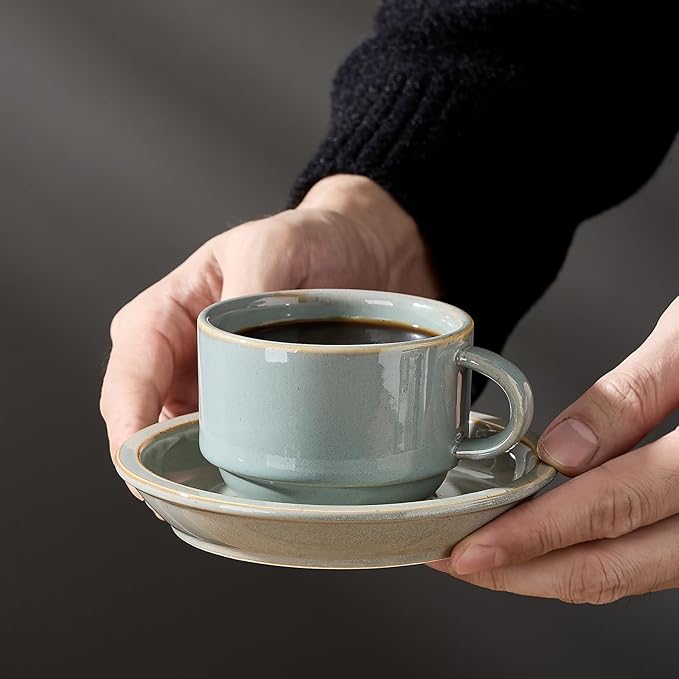 JIEMEI HOME Porcelain Stackable Espresso Cups with Saucers and Metal Stand, 4 Ounce Demitasse Cups for Latte, Cafe Mocha, Tea - Set of 6, Reactive Glaze, Green
