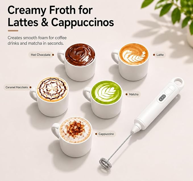 Rechargeable Milk Frother Handheld 3 Speed Coffee Foamer [3 Whisk] Electric Drink Mixer for Latte, Cappuccino, Coffee, Eggs, Hot Chocolate, White