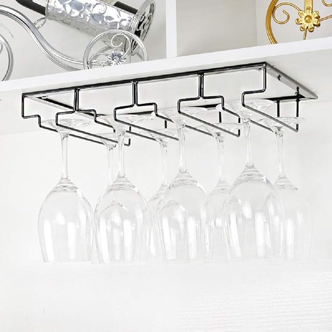 FOMANSH Wine Glass Rack Under Cabinet - Stemware Holder Metal Wine Glass Organizer Glasses Storage Hanger for Bar Kitchen Black 4 Rows