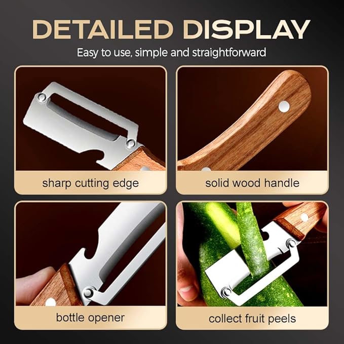Multi-Functional Vegetable Peeler for Kitchen, 2026 Upgraded 2 in 1 Ultra-Sharp Stainless Steel Blade with Wooden Handle and Bottle Opener, For Fruits or Vegetables that Need to Be Peeled (1)