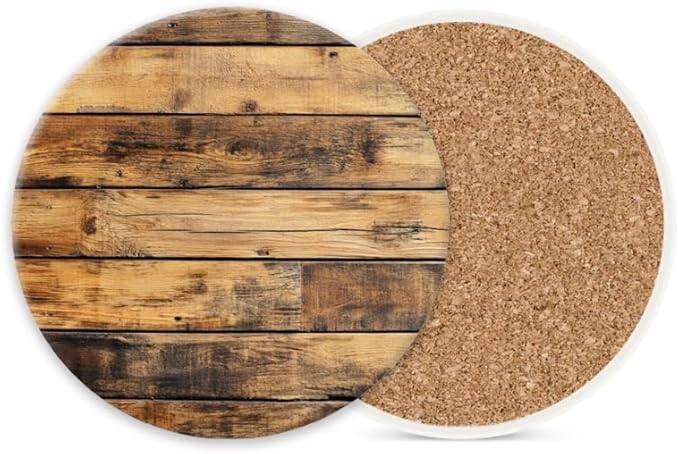 Ceramic Drink Coasters Absorbent Set of 1, Wooden Wall with Brown Stain Pattern Round Anti Slip Modern Cup Coasters for Desk Kitchen Office Housewarming Hostess Gifts (4 * 4 Inch)