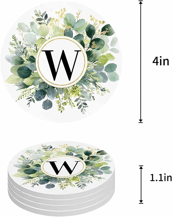 Coasters Set of 6 Letter W Drink Coasters with Holder Absorbent Stone Ceramic Cup Mat Alphabet Green Eucalyptus Leaves Coaster for Drinks Coffee Bar Office Kitchen Cafe Home Decor