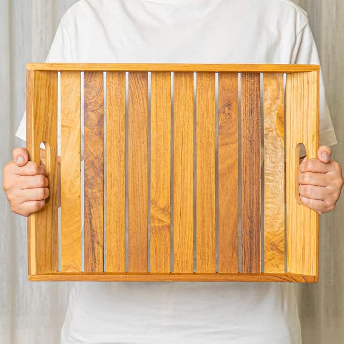 Rainforest Bowls 16"x12" Rectangular Javanese Teak Wood Serving Tray w/Handles- Ultra-Durable, Perfect for Breakfast in Bed, Coffee/Tea, etc- Luxury Custom Design Handcrafted by Indonesian Artisans