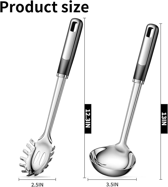 Stainless Steel Ladle and Pasta Server Set, Food-Grade Thickened Metal Soup Ladle & Spaghetti Spoon with Non-Slip Handles, Durable Cooking Utensils for Pasta, Soup & Everyday Kitchen Use