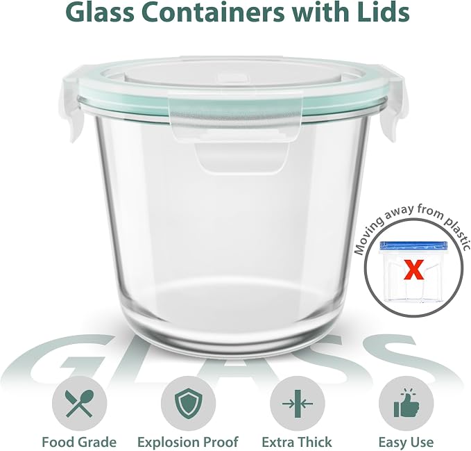 3 Cup Glass Meal Prep Containers With Turquoise Lids, Airtight 23oz glass Storage Container Set, Heat-Resistant BPA-Free for feeding the Southern Starter, Microwave, Dishwasher, Freezer Safe (4 Packs)