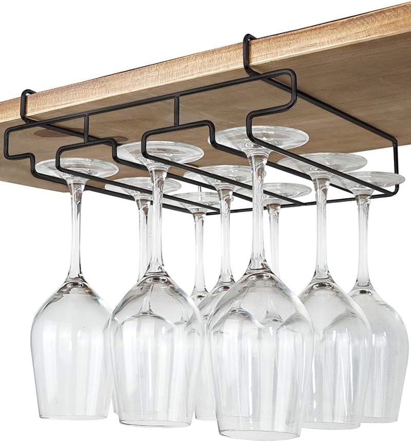 Wine Glass Holder - Stemware Rack Under Cabinet - 304 Stainless Steel Hanger Storage Shelf, Fit for The Cabinet 0.8“ or Less (black, 3 Rows)