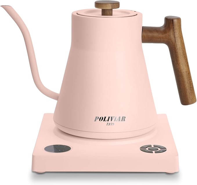 POLIVIAR Electric Gooseneck Kettle, 1200W Electric Tea Kettle Real Wood Handle, 34oz Pour Over Electric Kettle for Coffee & Tea, 18/8 Stainless Steel Inner, Temperature Control & Rapid Heating
