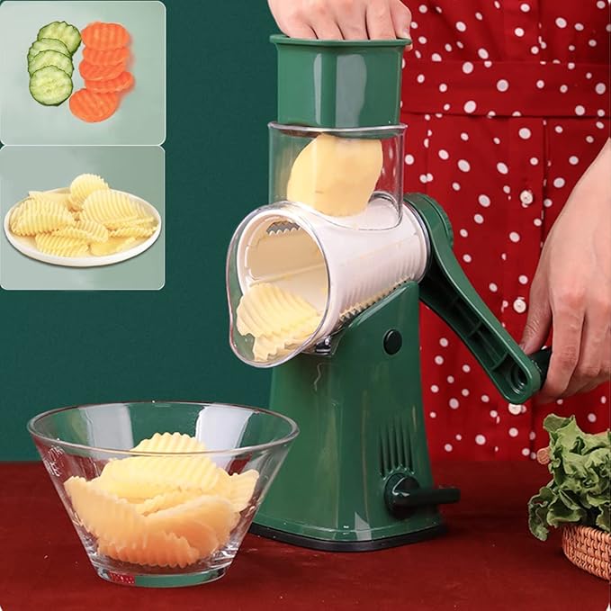 Manual Rotary Cheese Grater Grinder- 5 Interchangeable Blades Round Mandoline Vegetable Slicer Drum Shredder Nut Chopper with Strong Suction Base