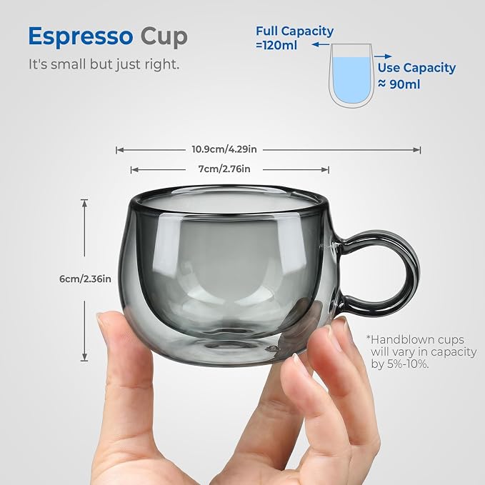 glastal Black Espresso Cup Set of 4, 4 Oz (full capacity) Double Wall Glasses Espresso Coffee Cups, Small Coffee Glasses Espresso Shot Glas Cups Tea Cups with Handle for Iced Americano, Macchiato