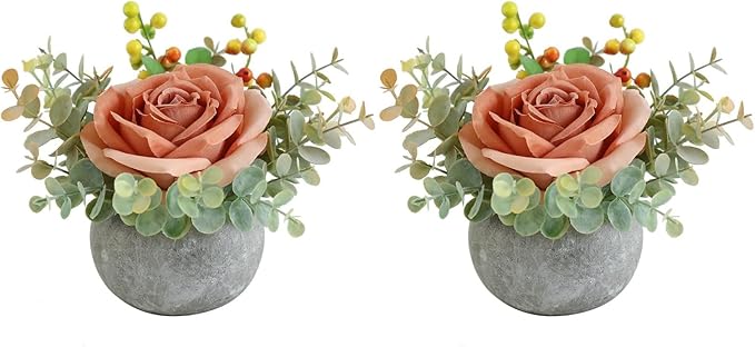 Small Artificial 2pcs Orange Rose Potted Plant, 6" Fake Silk Flowers in 3.5" Round Pot, Mini Faux Floral Arrangement for Desk Shelf Bathroom Decor