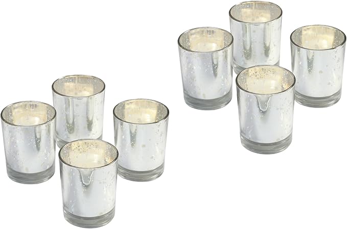 Hosley Set of 8 Metallic Mercury Glass Votive Tealight Candle Holders – Choice of Colors, Perfect for Parties, Weddings, Events, Aromatherapy, and Daily Use (Silver)