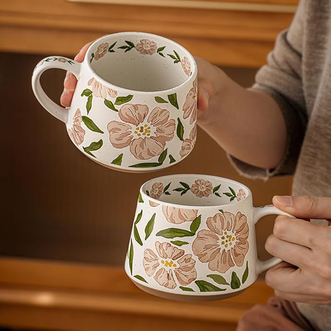 Elegant Floral Ceramic Mug ，Blue Flower Design mug with Handle, Unique Watercolor Flower Design Tea Mug for Home & Office，Microwave safety (Blue And Pink)