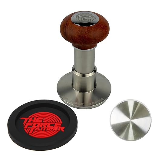 KuGuo The Force Tamper Automatic Impact Adjustable Constant Pressure and Autoleveling Coffee Tamper Reddish Brown Jellyfish Wooden Handle Set Pro (Standard Set, 53.50mm)