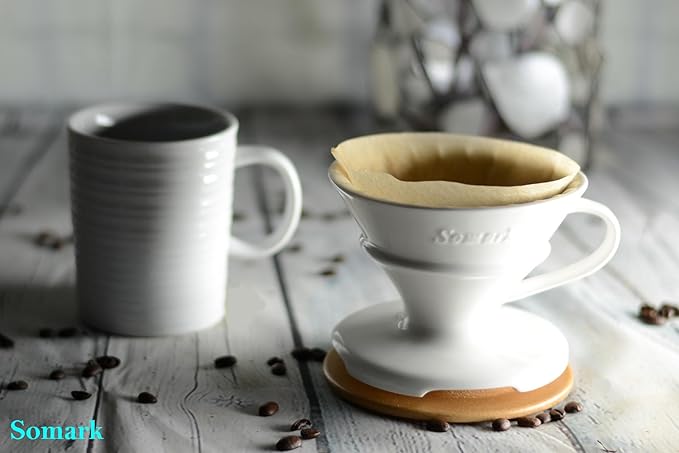 Pour Over Coffee Dripper Set V Shape #2 Ceramic Dripper + Dripping Tray (wood tray)