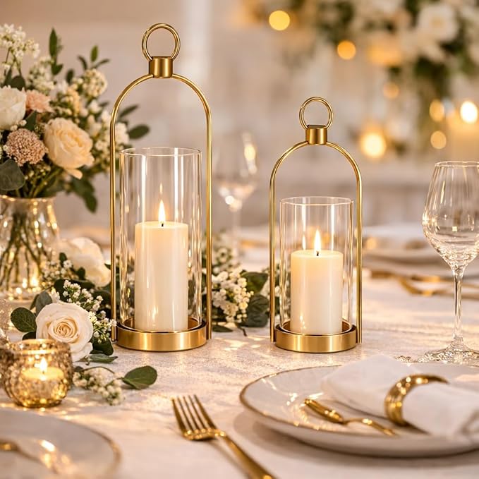 Gold Glass Candle Holder Set of 2, Modern Decorative Hurricane Candle Holders with Thick Glass Cylinder & Vintage Metal Frame for Table Centerpiece, Living Room, Shelf & Dining Table Decor