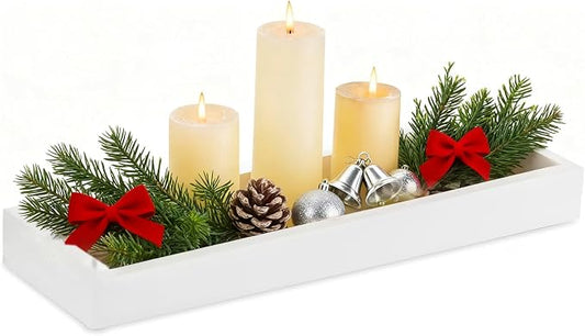Hanobe Rectangular Long Narrow Tray: White Decorative Rectangular Candle Holder Centerpiece Tray Decor Serving Tray No Handle for Dining Table Coffee Bar Living Room Home Decor