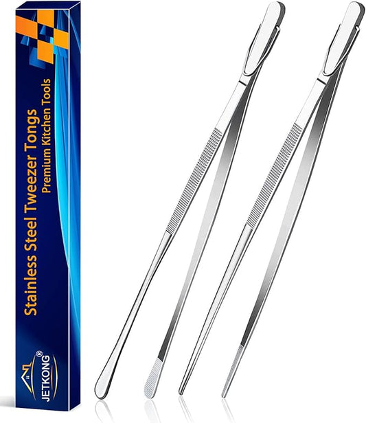 JETKONG 2 Pcs 12-Inch Kitchen Tweezers Fine Tweezer Tongs, Extra-Long Stainless Steel Cooking Tweezers (Silver)