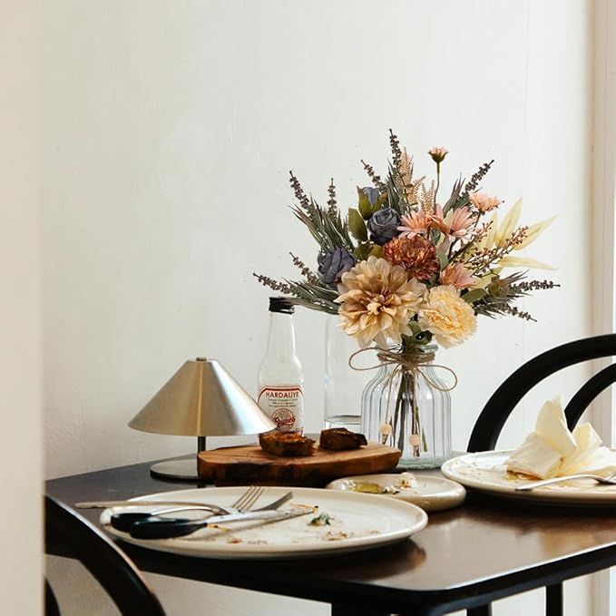 LESING Dahlia Flower Aritificial Flower with Vase Fake Silk Flowers in Glass Vase Faux Rose Flowers Arrangement for Home Office Table Centerpiece Decoration (Coffee)