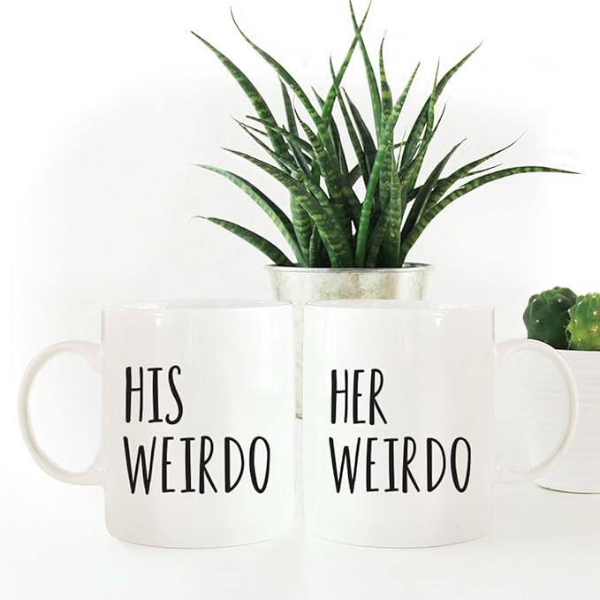 Andaz Press Coffee Mugs Gift Set, His Weirdo, Her Weirdo, 2-Pack, Bride Groom Husband Wife Wedding Christmas Birthday Gift Ideas
