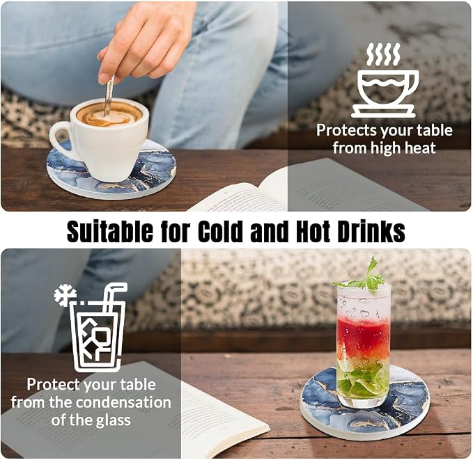 Ceramic Coasters Set of 6, Marble-Textured Design with Holder - Absorbent Cork-Backed Coasters for Cups, Bar & Coffee Table Decor Accessories (Dark Blue Marble, 6 Pack-Thin)