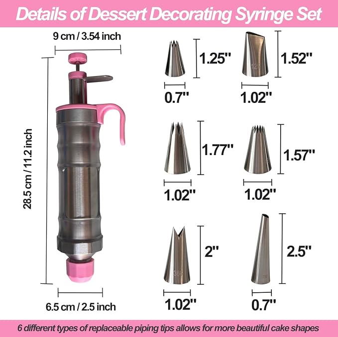 Dessert Decorating Piping Syringe Set Cake Decorating Tool Cookie Gun Press,Icing Decoration Gun,Frosting Piping Kit 6 Piping Icing Nozzles for Baking,Cupcake,Deviled Eggs Gifts for Mom Grandma Women