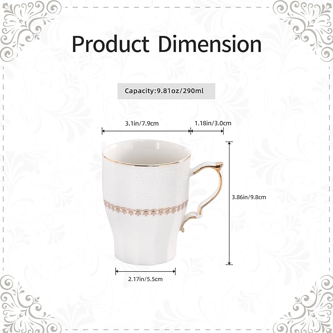 KAMMAK Ceramic Mug Set of 2, 9.8oz Elegant Coffee and Tea Cups, Vintage Breakfast Mugs, Porcelain Cup Ideal for Birthday - Afternoon Tea & Housewarming Gifts (YFH20)
