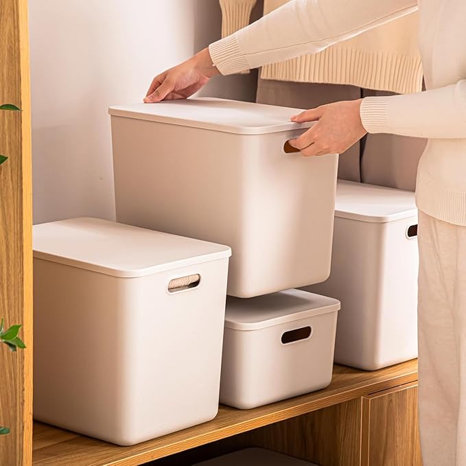 Ytteve 6-Pack Light Grey Stackable Plastic Storage Bins with Lids & Handles, 4 Large (11.8"x8"x9.8") & 2 Medium (11.8"x8"x4.7"), Organizer Containers for Closet, Shelves, Drawers, Home & Office