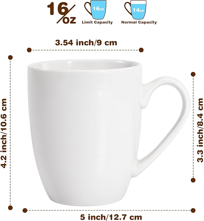 Urbanstrive 16 oz Large Coffee Mugs Set of 4 Ceramic Coffee Mug White Coffee Cups Tea Cups Idea Gift for Women Men House Warming Gifts New Home Office, White 4 Pack
