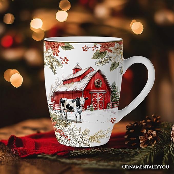 OrnamentallyYou Coffee Mug Holiday Kitchen Drinkware, Multiple Designs Available (Fancy Farmhouse Holiday Set of 4 Ceramic Mugs)