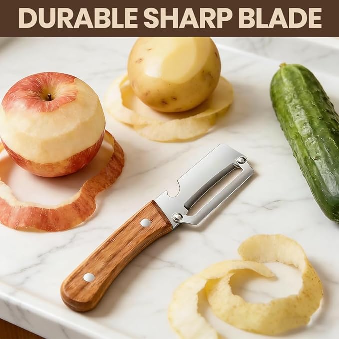 Premium Vegetable Peeler with Wooden Handle & Bottle Opener – 2-in-1 Stainless Steel Kitchen Tool for Fruit, Apple, Potato, Pumpkin, Papaya – 2 PCS Set