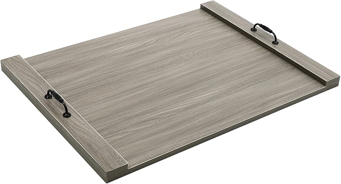 Rustic Wooden Serving Tray with Metal Handles, 30x22in Large Smoked Oak Decorative Ottoman Tray for Kitchen Countertop, Coffee Table, Breakfast, Dining Home Organization