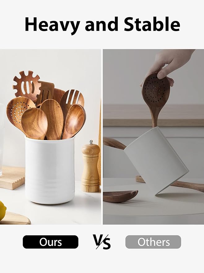 ABRUTY Utensil Holder, 6.7" Ceramic Kitchen Utensil Crock for Countertop Cooking, Modern Utensil Caddy Jar Organizer for Farmhouse Kitchen Counter Decor (White)