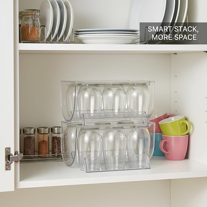 Clear Stackable Cup Organizer Bin, Vertical Storage Container for Kitchen Cabinets & Pantry, Durable PP Plastic