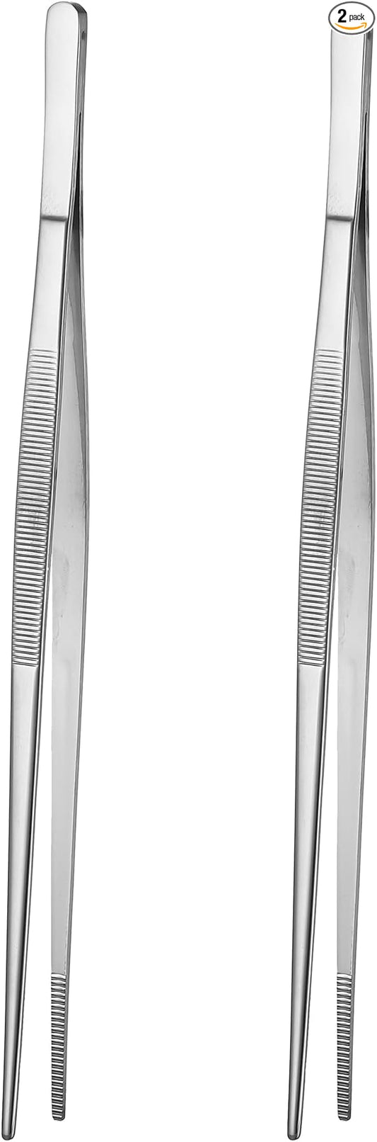 2Pcs 12" Fine Long Tweezer Tongs, Professional Cocktail Garnish Tools, 304 Stainless Steel for Kitchen, Food, Cooking (Stainless Steel 2PCS)