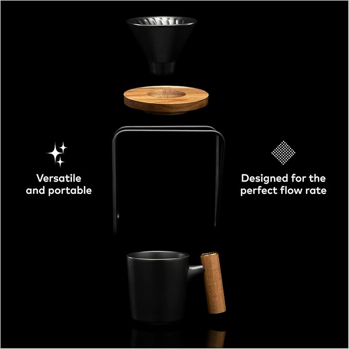 ChefWave Artisan Series Pour-Over Coffee Maker Set with Ceramic Cone, Wood Ring and Stainless Steel Stand, 1-2 Cup Personal Size - Bamboo Accents, Easy to Clean, BPA Free