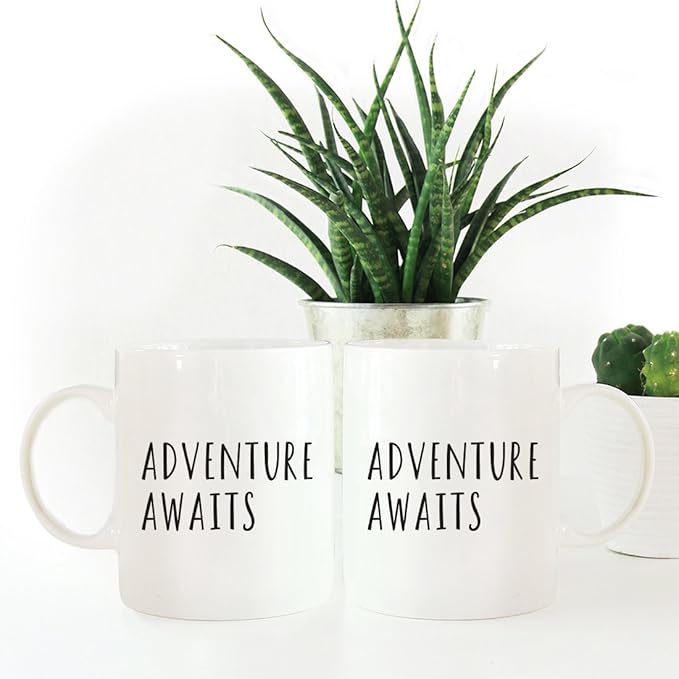 Andaz Press Funny Couples 11 oz Ceramic Coffee Mugs, Adventure Awaits, His and Hers Mugs Set of 2, Valentines Day Coffee Mug for Him and Her, Mr and Mrs Mugs, Couple Mugs for Husband and Wife