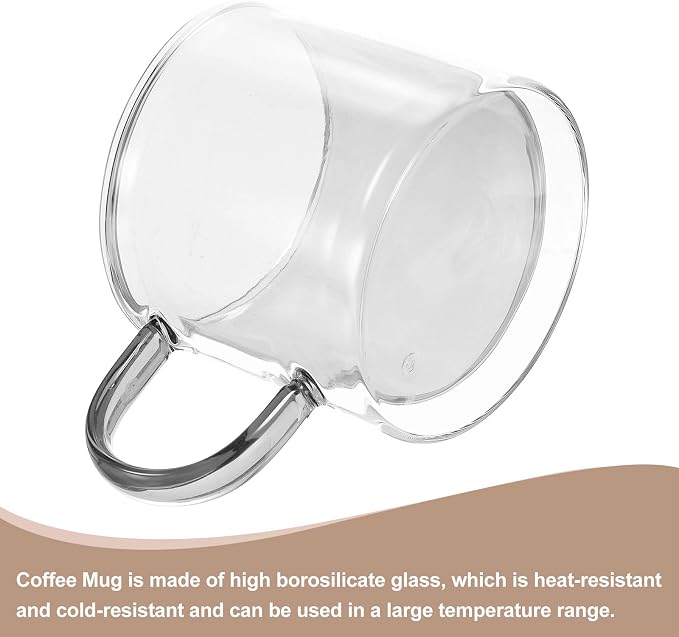 uxcell 8.4 oz Double Wall Glass Coffee Mugs, Glass Tea Cup with Widened Handles for Espresso Coffee, Cappuccino, Tea Bag, Latte, Hot Cold Beverages, Juice, Grey