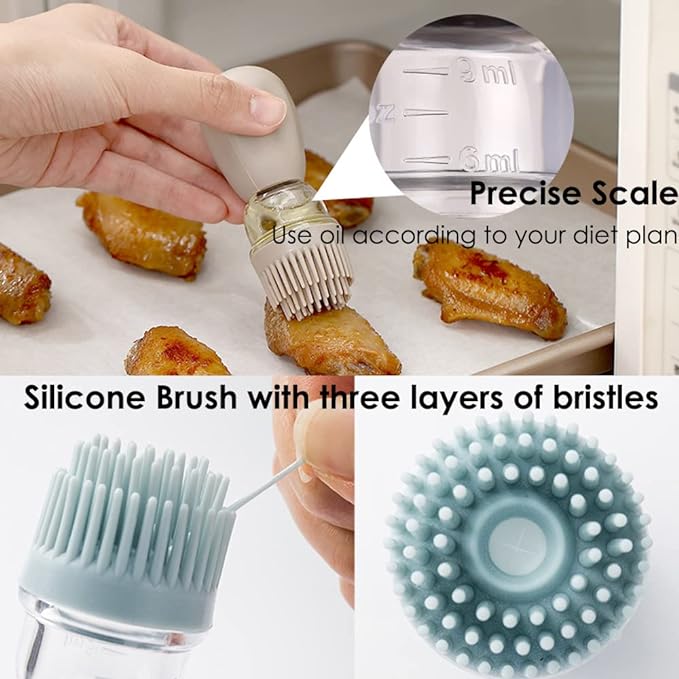 Oil Dispenser with Brush - 2 Pack Glass 2 IN 1 Olive Oil Dispensing Bottle with Basting Brush for Cooking Frying Baking Kitchen, 180ml, T-OB21 Blue+Grey