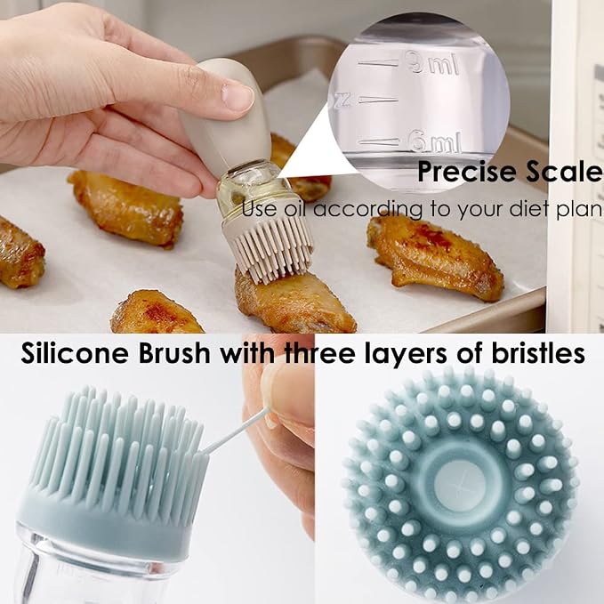 Oil Dispenser with Brush - 2 Pack Olive Oil Dispenser, 2 IN 1 Oil Dispensing Bottle with Basting Brush for Cooking Frying Baking Kitchen, T-OB21 Grey+Green